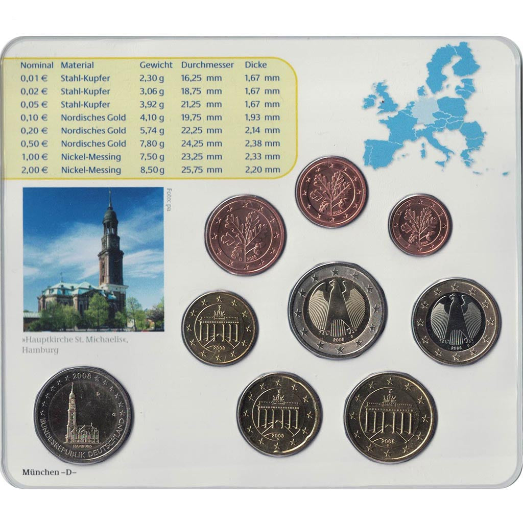 Germany, 5 x Euro Set of 9 coins, 5 Mints, 2008 ADFGJ