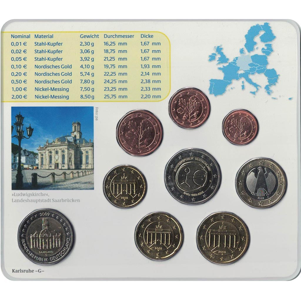 Germany, 5 x Euro Set of 9 coins, 5 Mints, 2009 ADFGJ