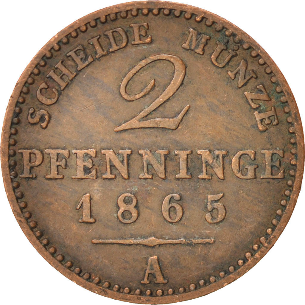 German States, PRUSSIA, Wilhelm I, 2 Pfennig, 1865, Berlin, EF(40-45), Copper...