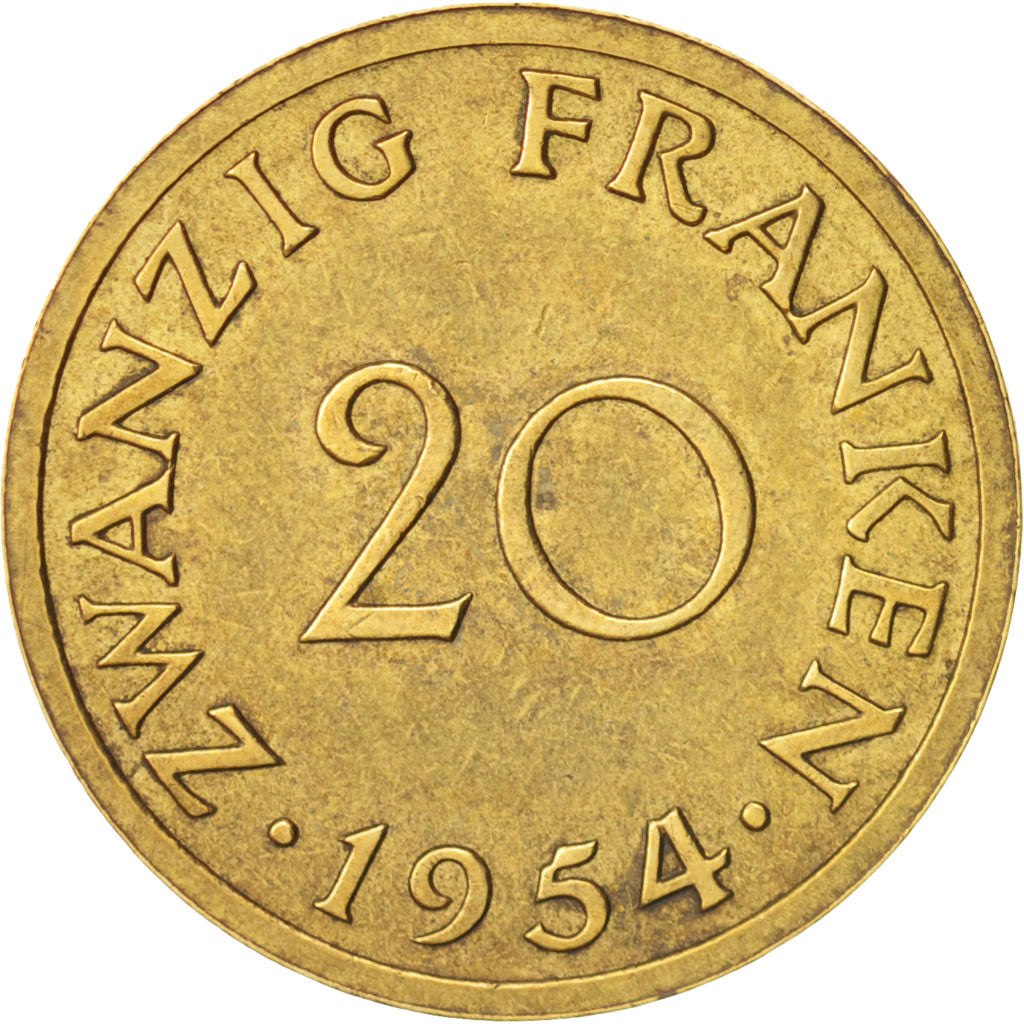 SAARLAND, 20 Franken, 1954, Paris, AU(50-53), Aluminum-Bronze, KM:2