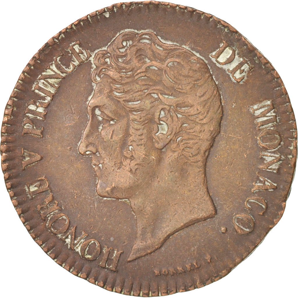 Monaco, Honore V, 5 Centimes, 1837, VF(30-35), Copper, KM:95.2a