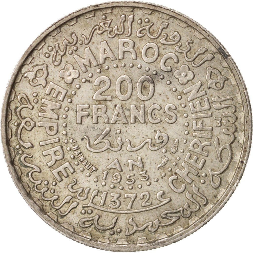 Morocco, Mohammed V, 200 Francs, 1953, Paris, EF(40-45), Silver, KM:53
