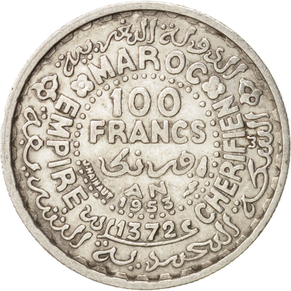 Coin, Morocco, Mohammed V, 100 Francs, 1953, Paris, EF(40-45), Silver, KM:52