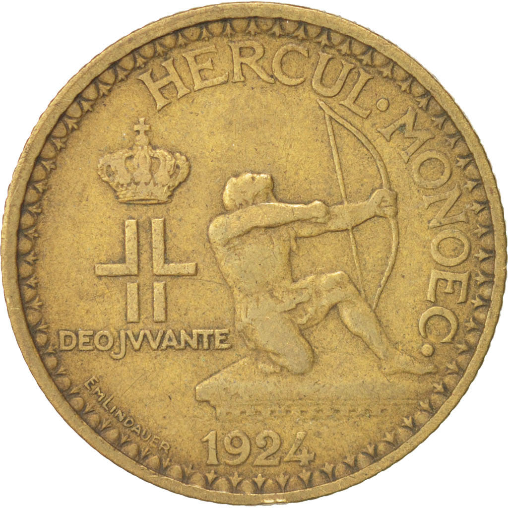 Monaco, Louis II, 2 Francs, 1924, Poissy, EF(40-45), Aluminum-Bronze, KM:112