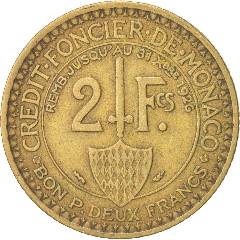 Monaco, Louis II, 2 Francs, 1924, Poissy, EF(40-45), Aluminum-Bronze, KM:112