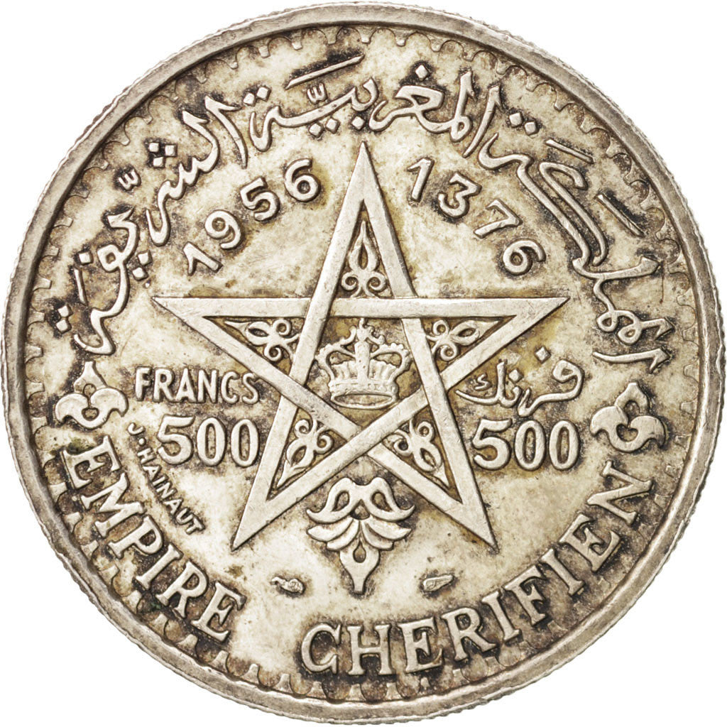 Morocco, Mohammed V, 500 Francs, 1956, Paris, AU(55-58), Silver, KM:54