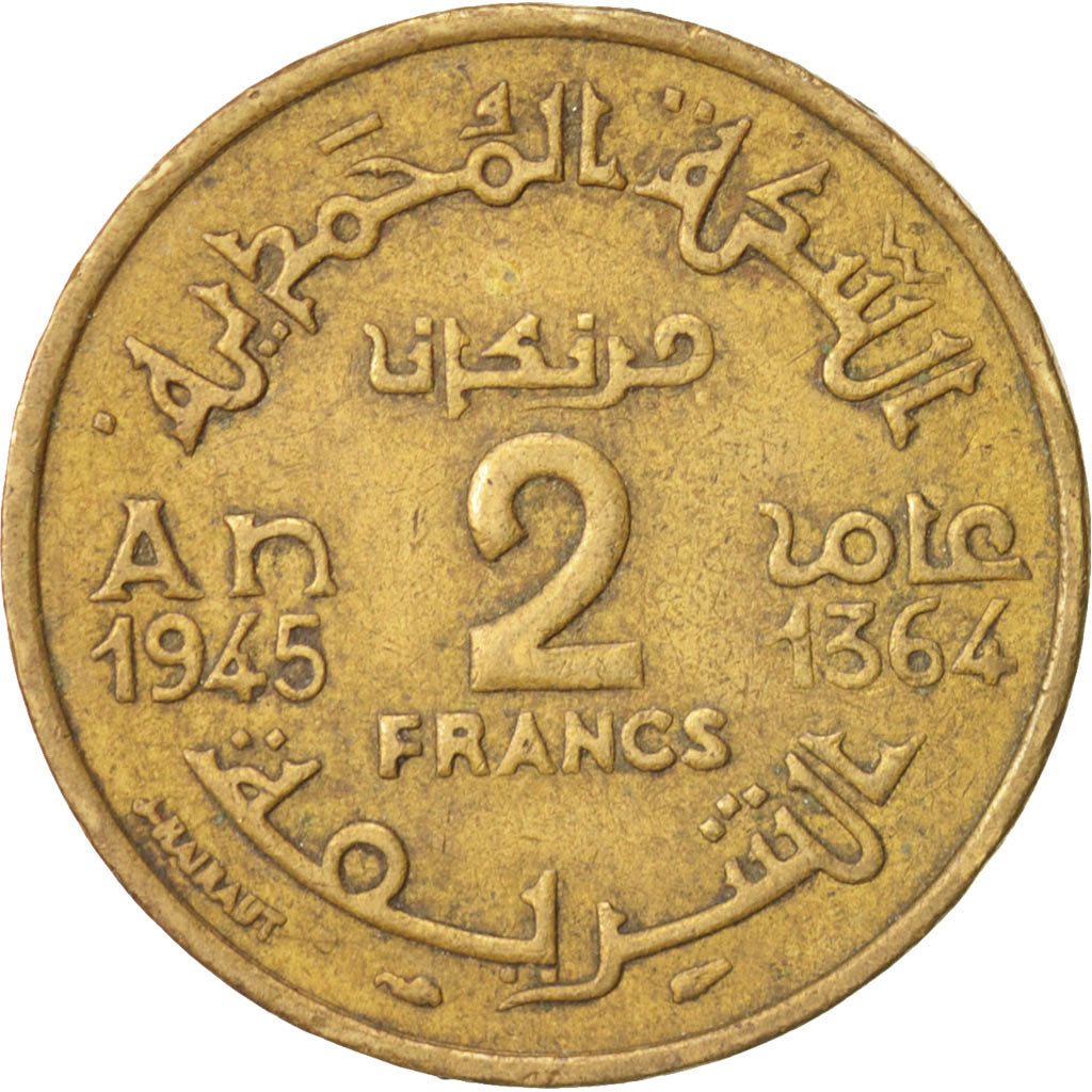 Coin, Morocco, Mohammed V, 2 Francs, 1945, Paris, EF(40-45), Aluminum-Bronze