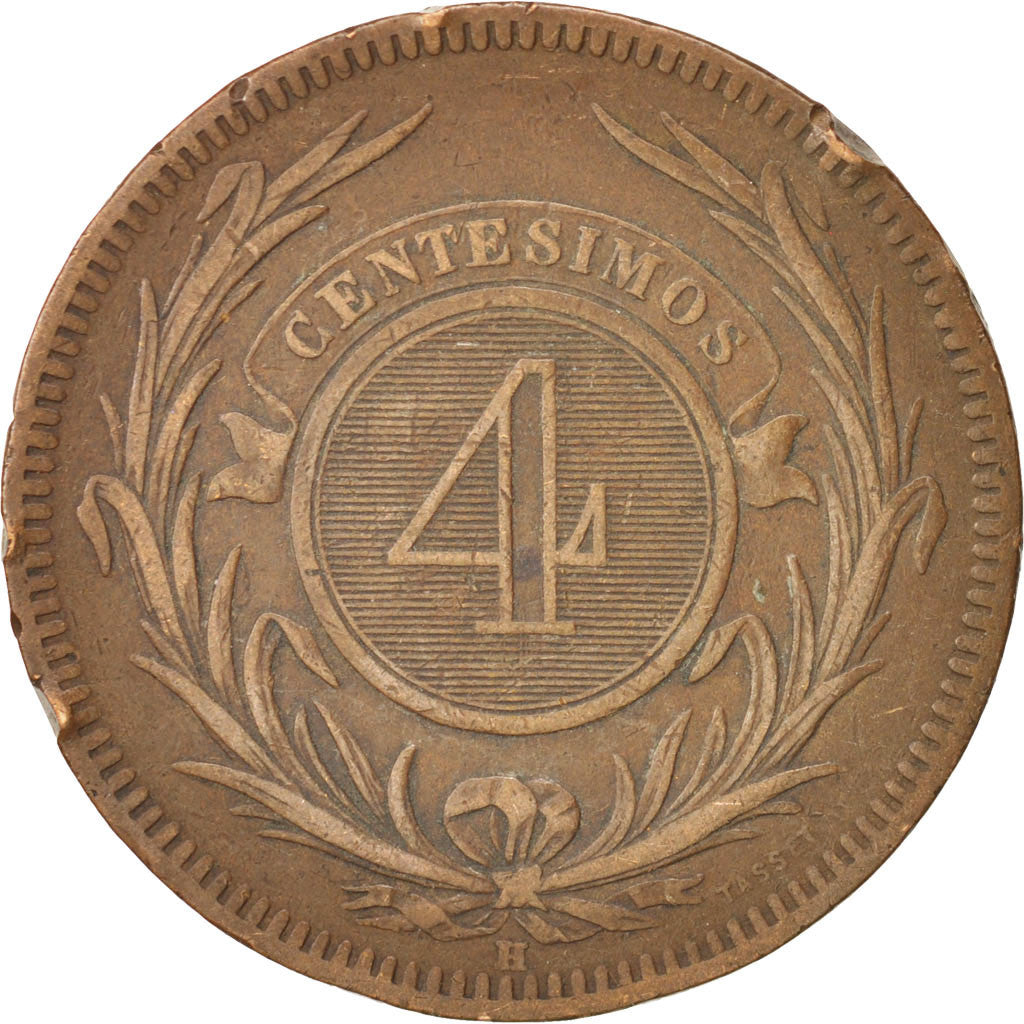 Coin, Uruguay, 4 Centesimos, 1869, Uruguay Mint, Birmingham, VF(30-35), Bronze