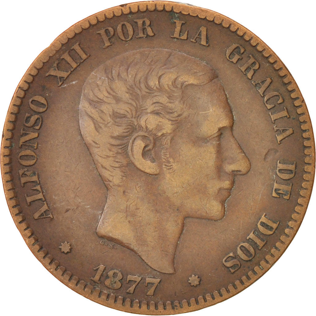 Spain, Alfonso XII, 10 Centimos, 1877, EF(40-45), Bronze, KM:675