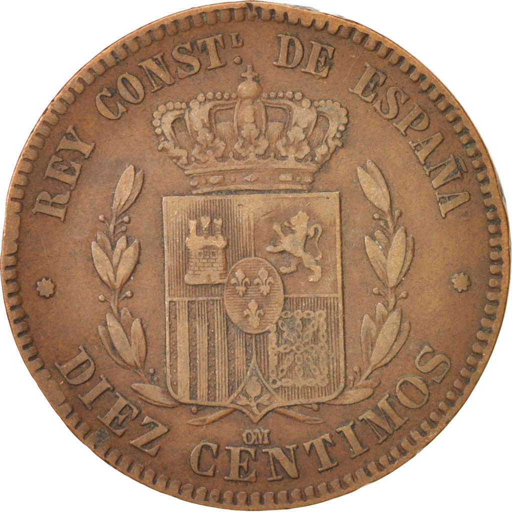 Spain, Alfonso XII, 10 Centimos, 1877, EF(40-45), Bronze, KM:675