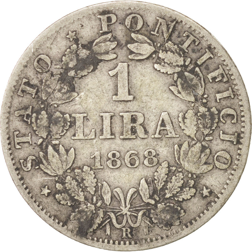 ITALIAN STATES, PAPAL STATES, Pius IX, Lira, 1868, Roma, VF(30-35), Silver, K...