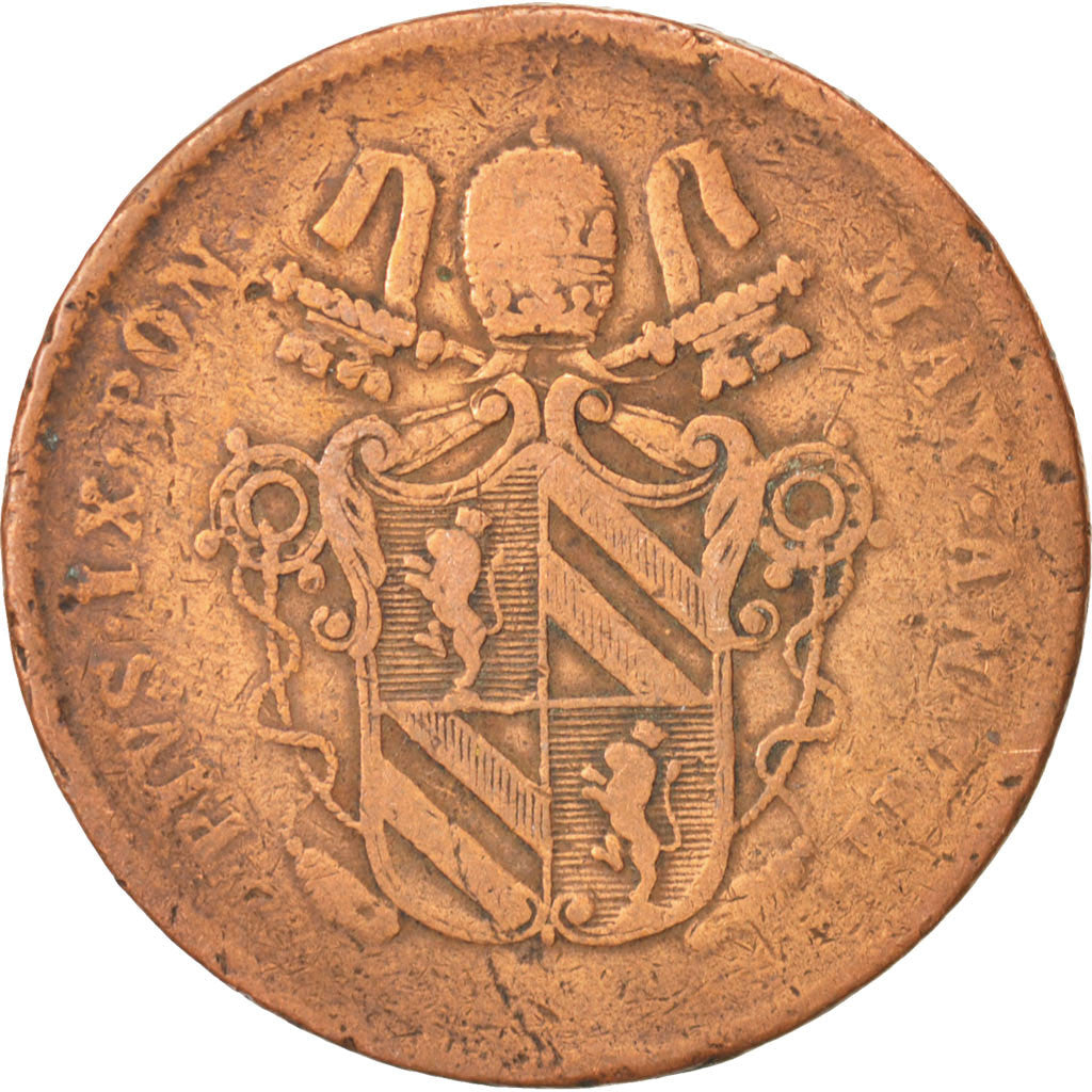 Moneda, Estados italianos, PAPAL STATES, Pius IX, 2 Baiocchi, Muraiola, 1853