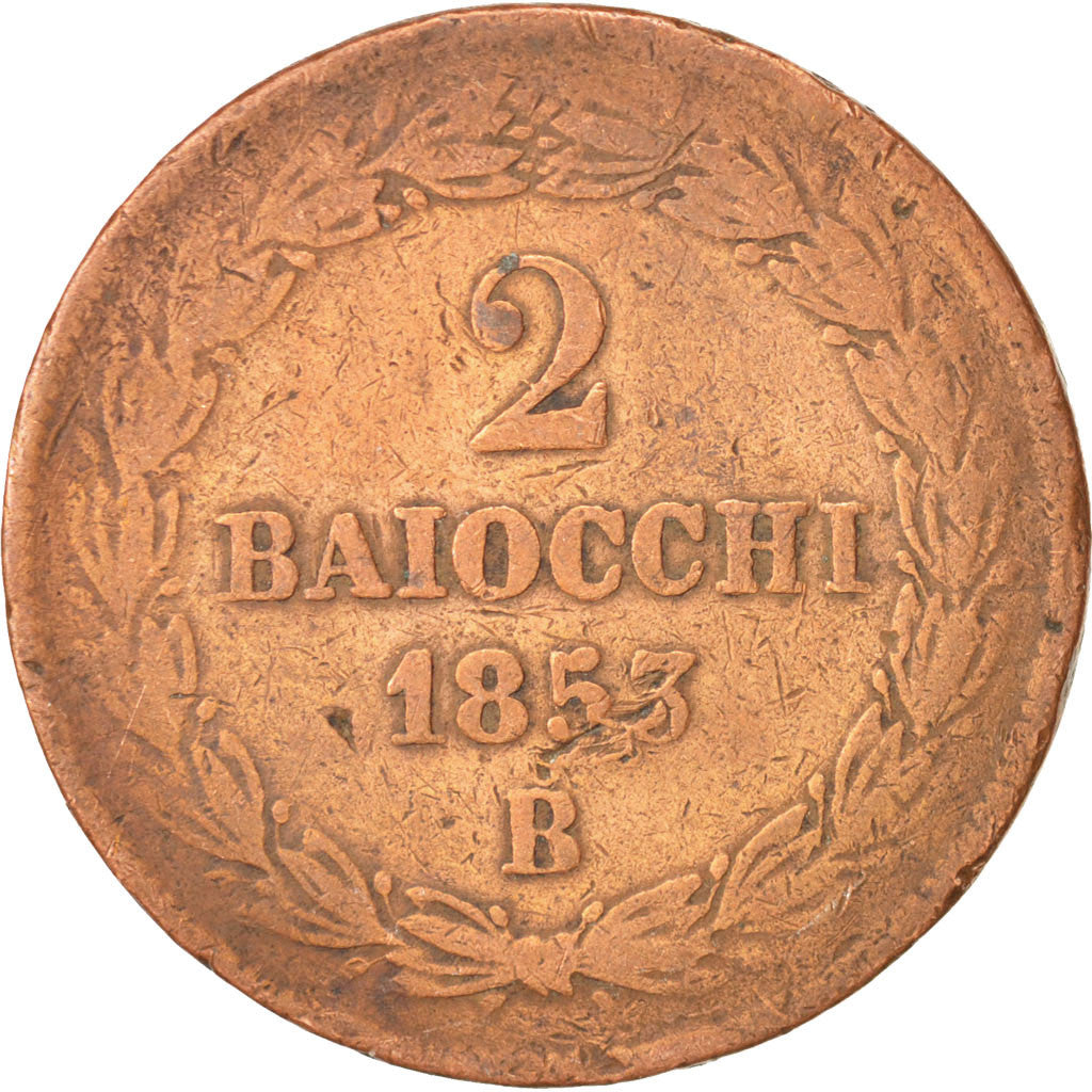Moneda, Estados italianos, PAPAL STATES, Pius IX, 2 Baiocchi, Muraiola, 1853