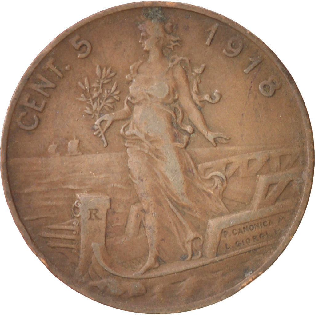 Italy, Vittorio Emanuele III, 5 Centesimi, 1918, Rome, VF(30-35), Bronze, KM:42