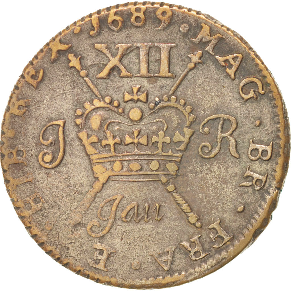 Moneda, Irlanda, Shilling, 1689, MBC, Latón, KM:94