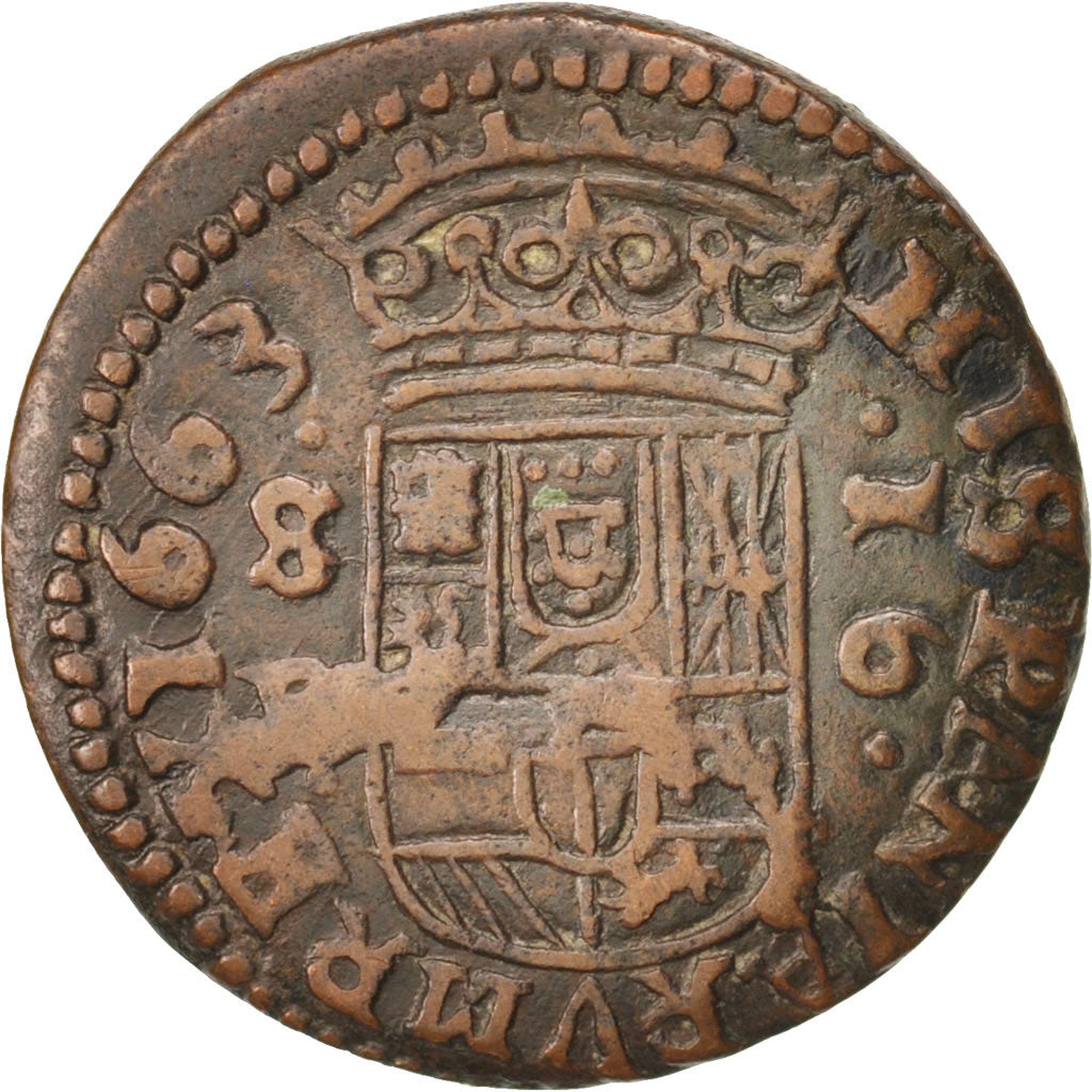 Spain, Philip IV, 16 Maravedis, 1663, Seville, EF(40-45), Copper, KM:172.7