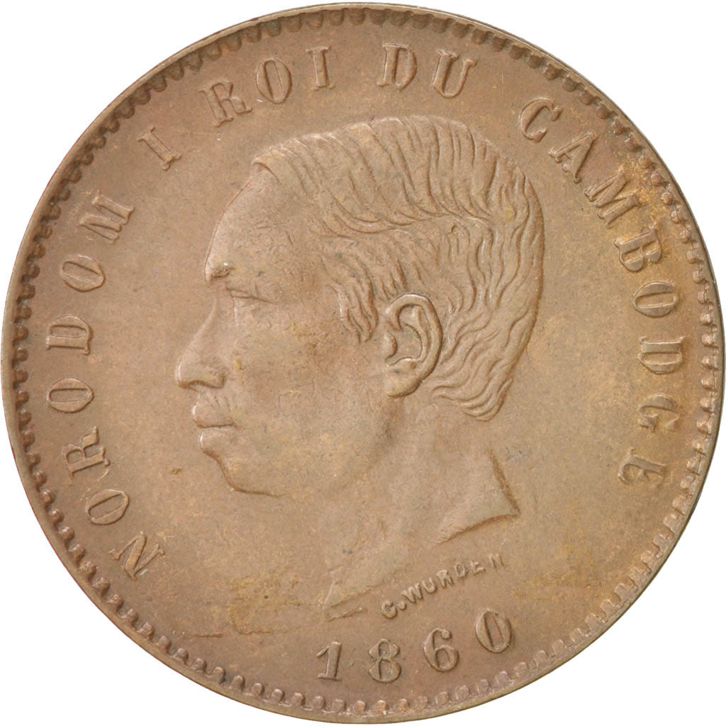 Cambodia, 10 Centimes, 1860, AU(50-53), Bronze, KM:M3