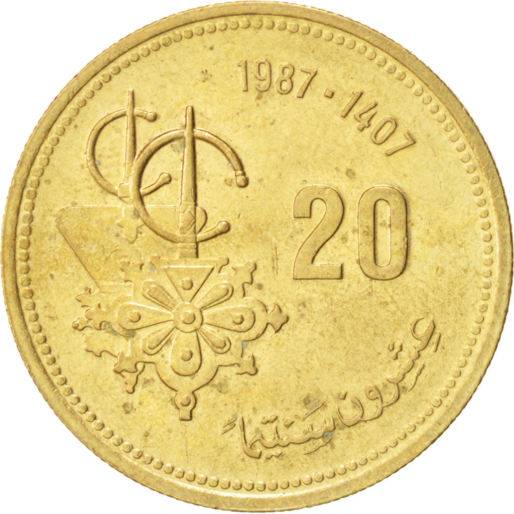 Morocco, al-Hassan II, 20 Santimat, 1987, EF(40-45), Aluminum-Bronze, KM:85