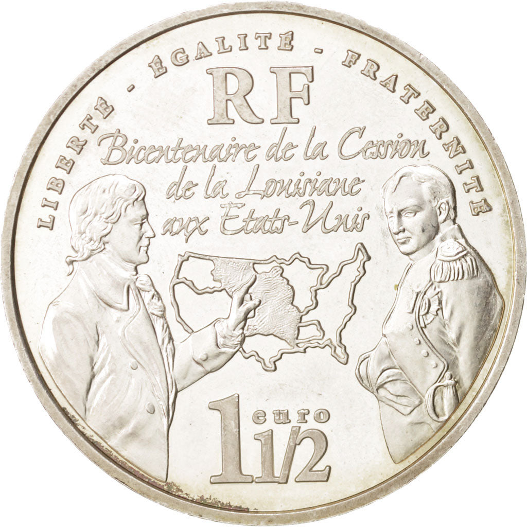 France, 1-1/2 Euro, Cession de la Louisiane, 2003, EF(40-45), Silver, KM:1336
