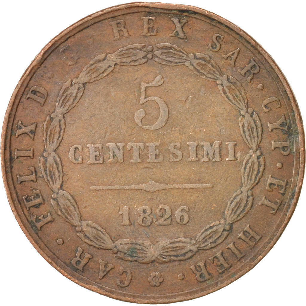 ITALIAN STATES, SARDINIA, Carlo Felice, 5 Centesimi, 1826, Genoa, VF(30-35),...