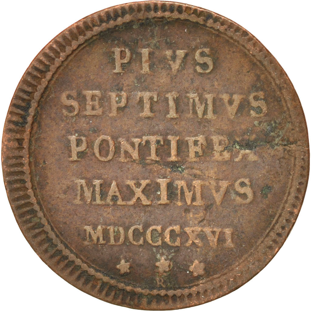 ITALIAN STATES, PAPAL STATES, Pius VII, Quattrino, 1816, Roma, VF(30-35), Cop...