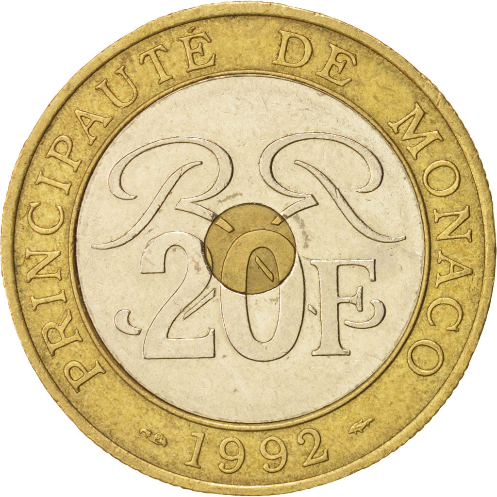 Monaco, Rainier III, 20 Francs, 1992, Paris, EF(40-45), Tri-Metallic, KM:165