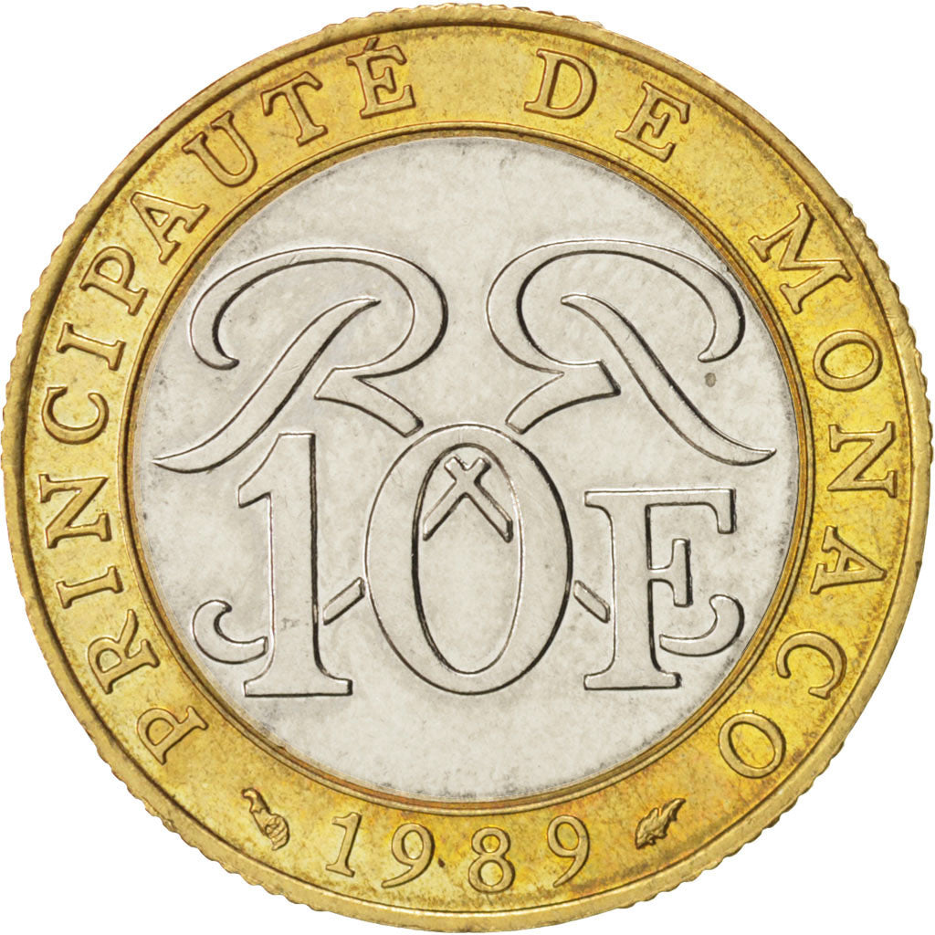 Monaco, Rainier III, 10 Francs, 1989, Paris, AU(55-58), Bi-Metallic, KM:163