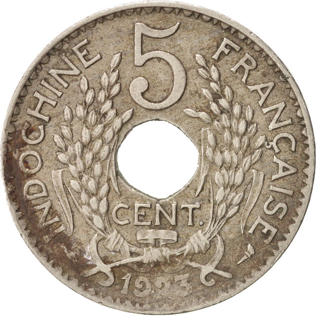 FRENCH INDO-CHINA, 5 Cents, 1923, Paris, EF(40-45), Copper-nickel, KM:18