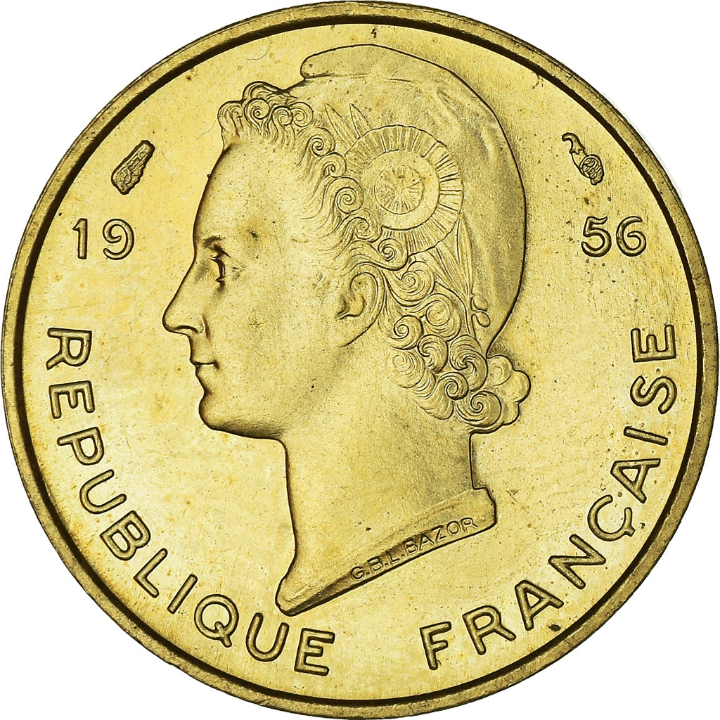Coin, French West Africa, 5 Francs, 1956, Paris, MS(65-70), Aluminum-Bronze