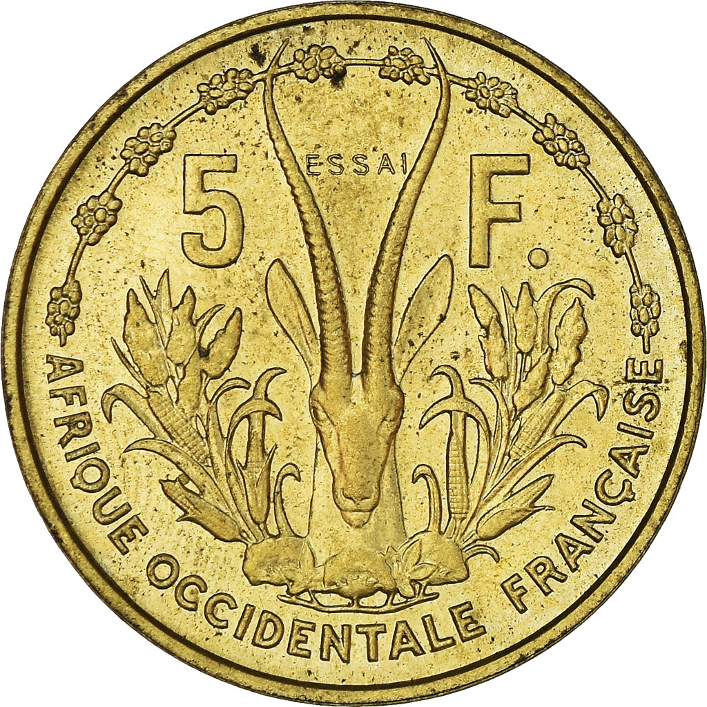 Moeda, África Ocidental Francesa, 5 Francs, 1956, MS(65-70), Alumínio-Bronze