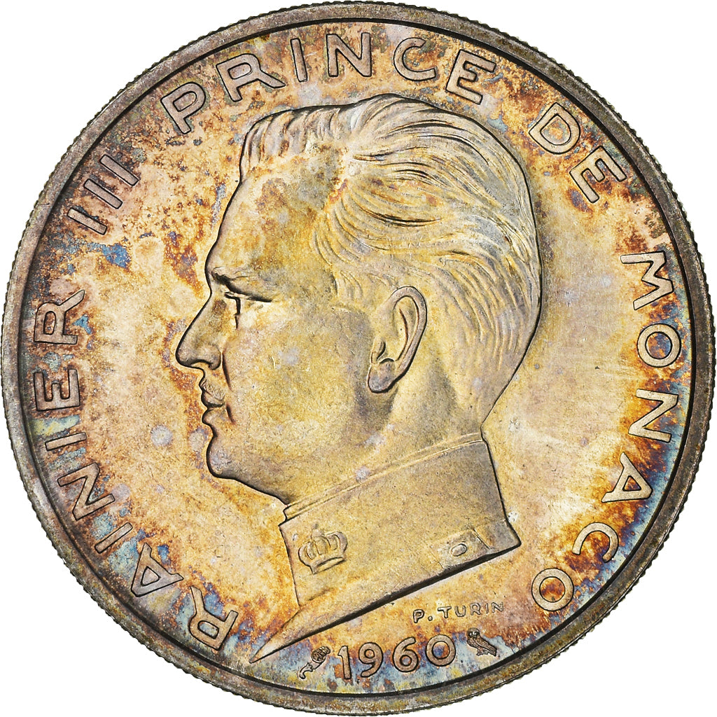 Moneta, Monaco, 5 Francs, 1960, Paris, MS(63), Srebro, KM:E41, Gadoury:152