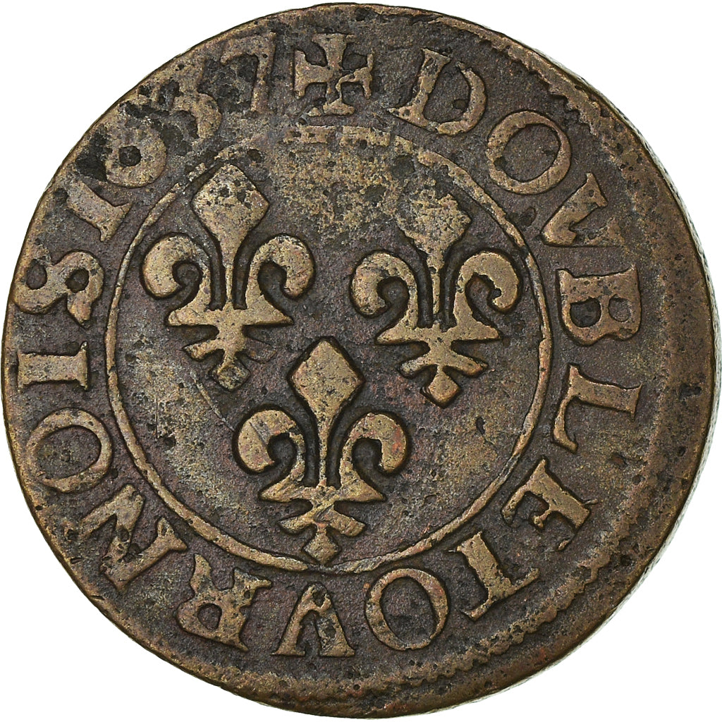 Moeda, França, Louis XIII, Double Tournois, 1637, Paris, Rara, EF(40-45)
