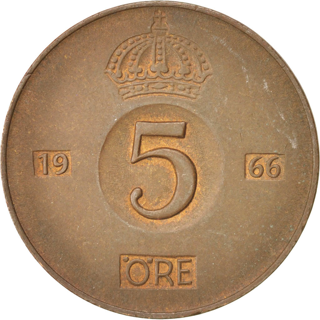 Münze, Schweden, Gustaf VI, 5 Öre, 1966, SS, Bronze, KM:822
