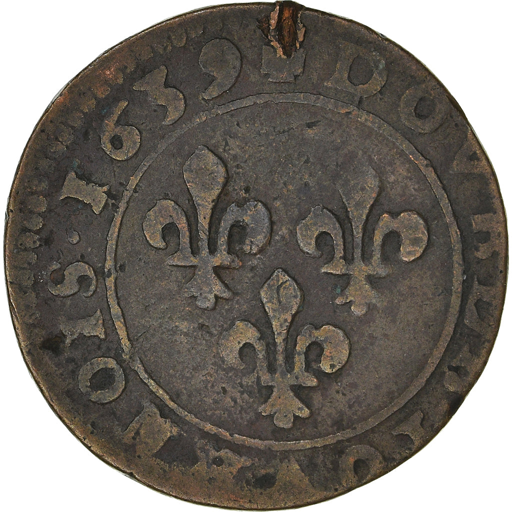 Moeda, França, Louis XIII, Double Tournois, 1639, VF(30-35), Cobre