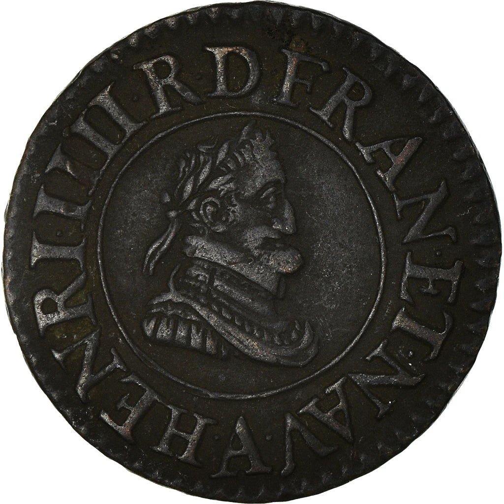 Moeda, França, Henri IV, Denier Tournois, 1607, Paris, MS(60-62), Cobre, KM:15