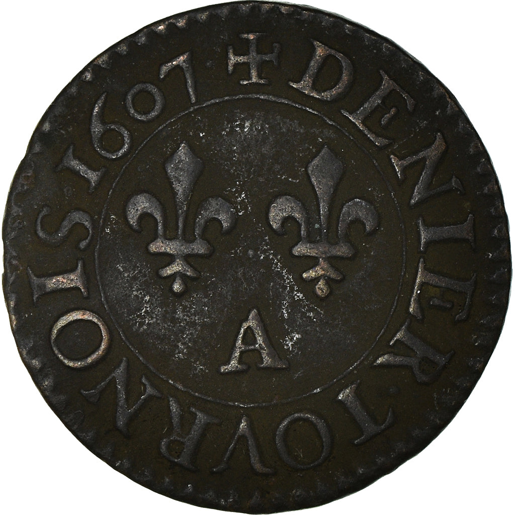 Moeda, França, Henri IV, Denier Tournois, 1607, Paris, MS(60-62), Cobre, KM:15