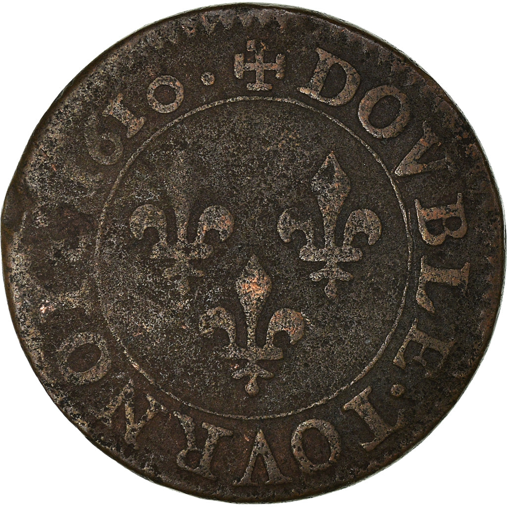 Moeda, França, Henri IV, Double Tournois, 1610, Paris, VF(20-25), Cobre