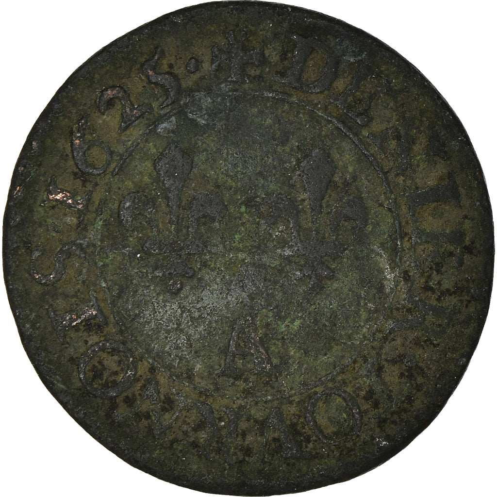 Moeda, França, Louis XIII, Denier tournois, buste juvénile au col rabattu