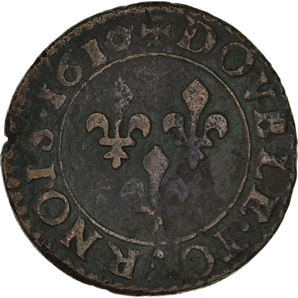 Coin, France, Henri IV, Double Tournois, 1610, Nantes, F(12-15), Copper
