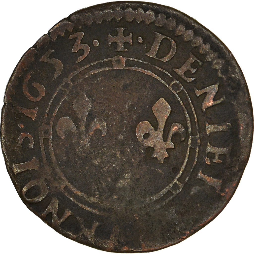 Monnaie, France, Ardennes, Charles II, Denier Tournois, 1653, Charleville, TB+