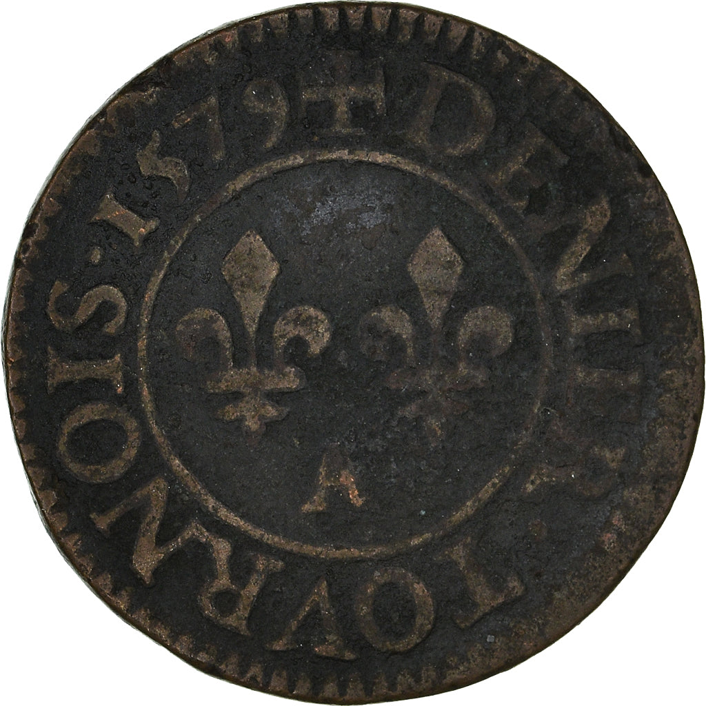 Moneta, Francia, Henri III, Denier Tournois, 1579, Paris, MB+, Rame