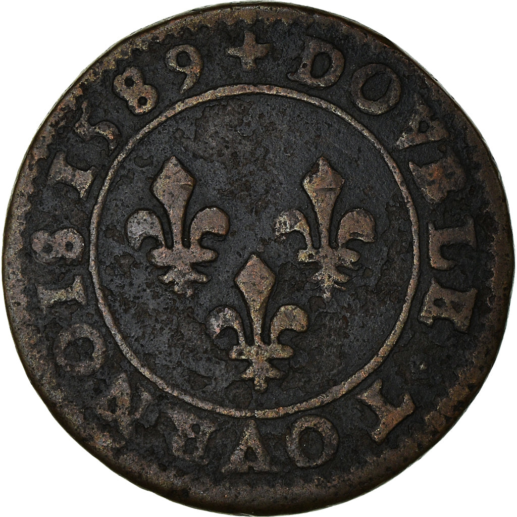 Moneta, Francia, Henri III, Double Tournois, 1589, Paris, BB, Rame