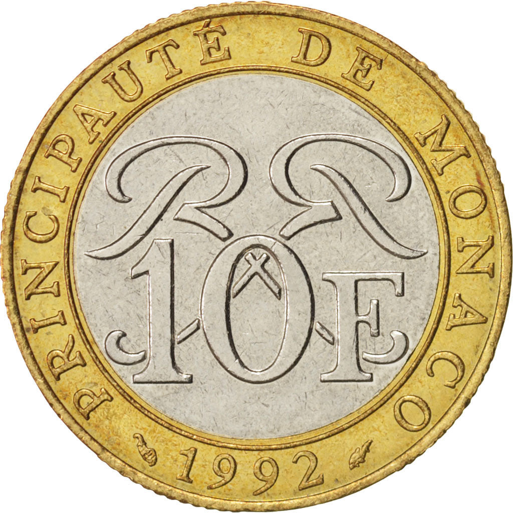 Coin, Monaco, Rainier III, 10 Francs, 1992, Paris, AU(50-53), Bi-Metallic