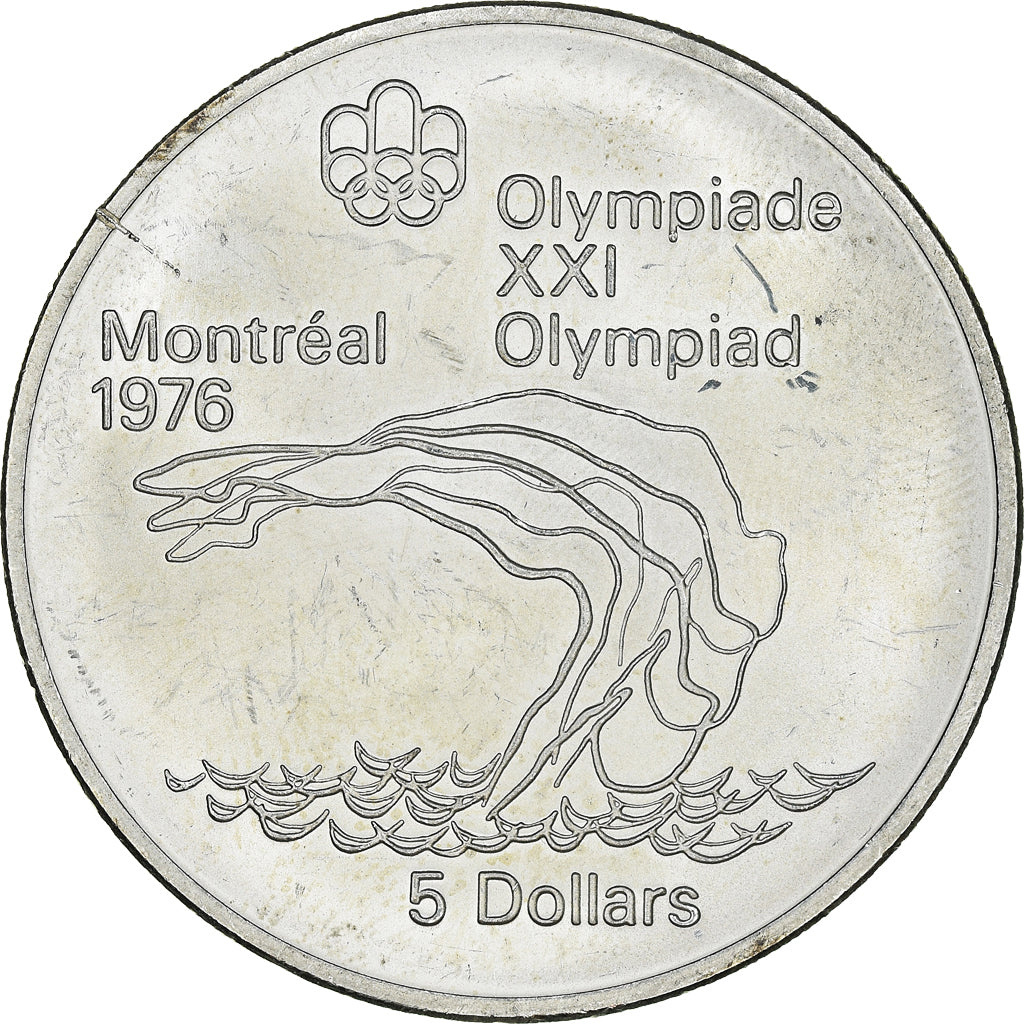 Münze, Kanada, Elizabeth II, Platform Diver, 5 Dollars, 1975, UNZ, Silber