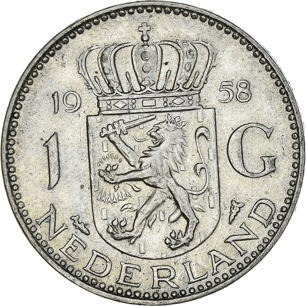Coin, Netherlands, Juliana, Gulden, 1958, AU(55-58), Silver, KM:184