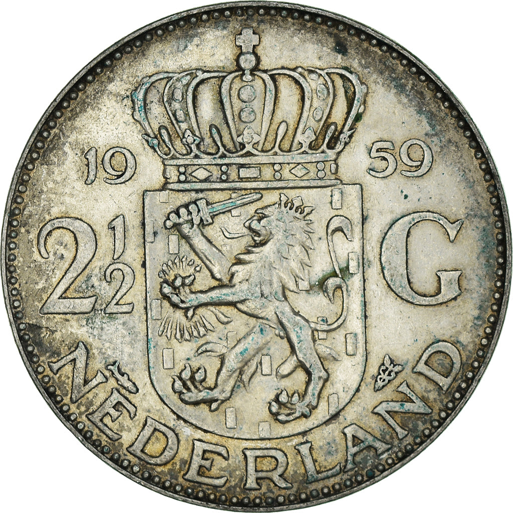 Munten, Nederland, Juliana, 2-1/2 Gulden, 1959, ZF+, Zilver, KM:185