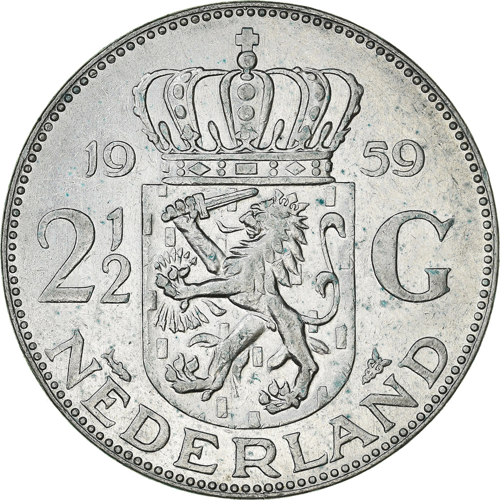 Coin, Netherlands, Juliana, 2-1/2 Gulden, 1959, AU(50-53), Silver, KM:185