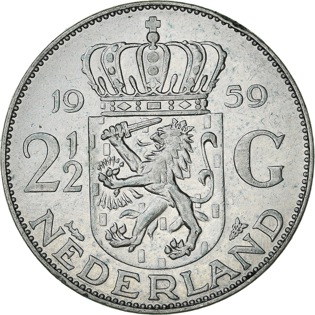 Coin, Netherlands, Juliana, 2-1/2 Gulden, 1959, AU(50-53), Silver, KM:185