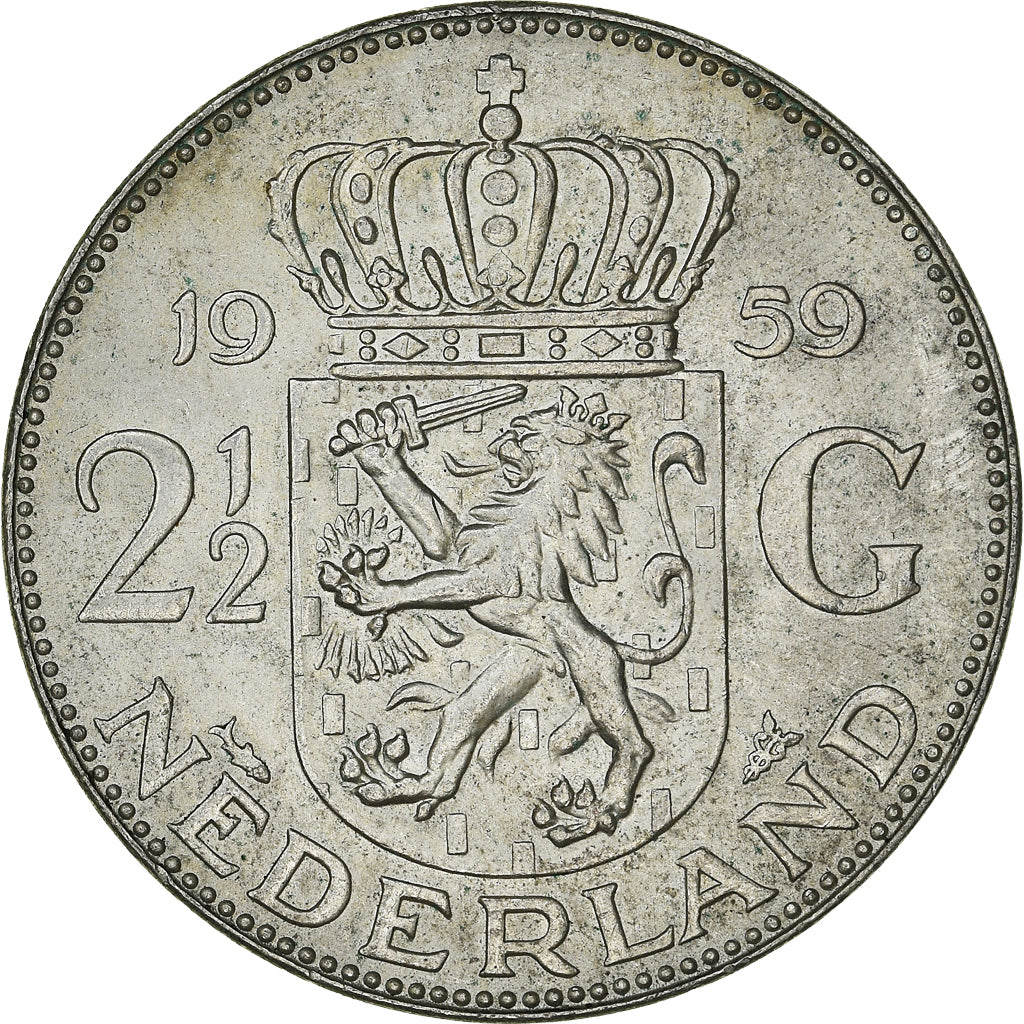 Coin, Netherlands, Juliana, 2-1/2 Gulden, 1959, MS(64), Silver, KM:185