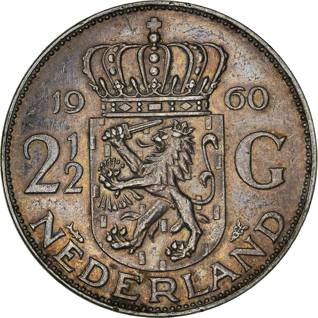 Coin, Netherlands, Juliana, 2-1/2 Gulden, 1960, AU(50-53), Silver, KM:185